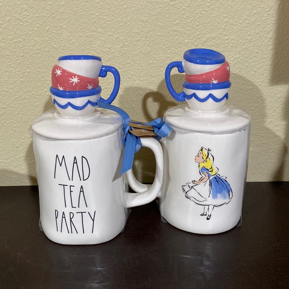 New Rae Dunn | Disney Alice in Wonderland Mad Tea Party ceramic mug with topper